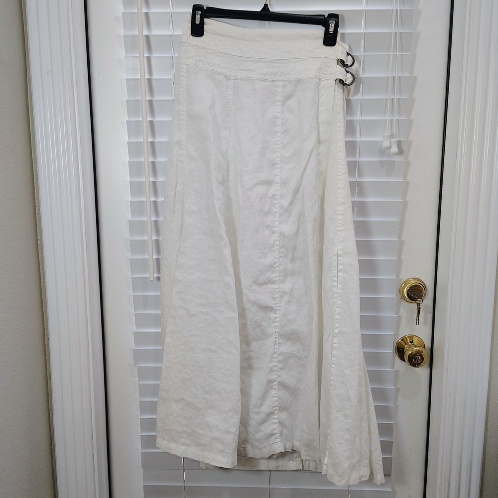 Vintage Linen Maxi Wrap Skirt Womens 8 White D-Ring Coastal Boho Natural Cottage